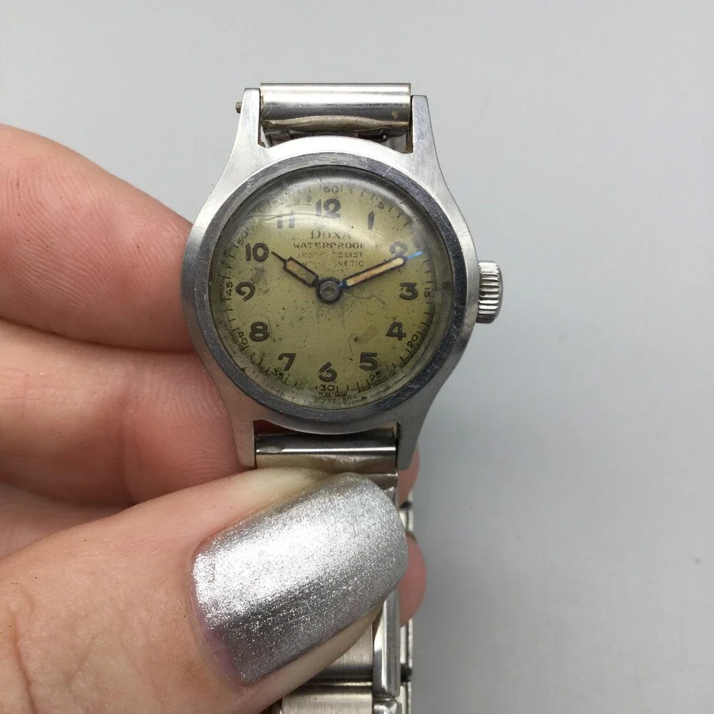 Vintage 1940s Doxa Military Watch 24mm Silver Tone Steel Bracelet Manual Wind